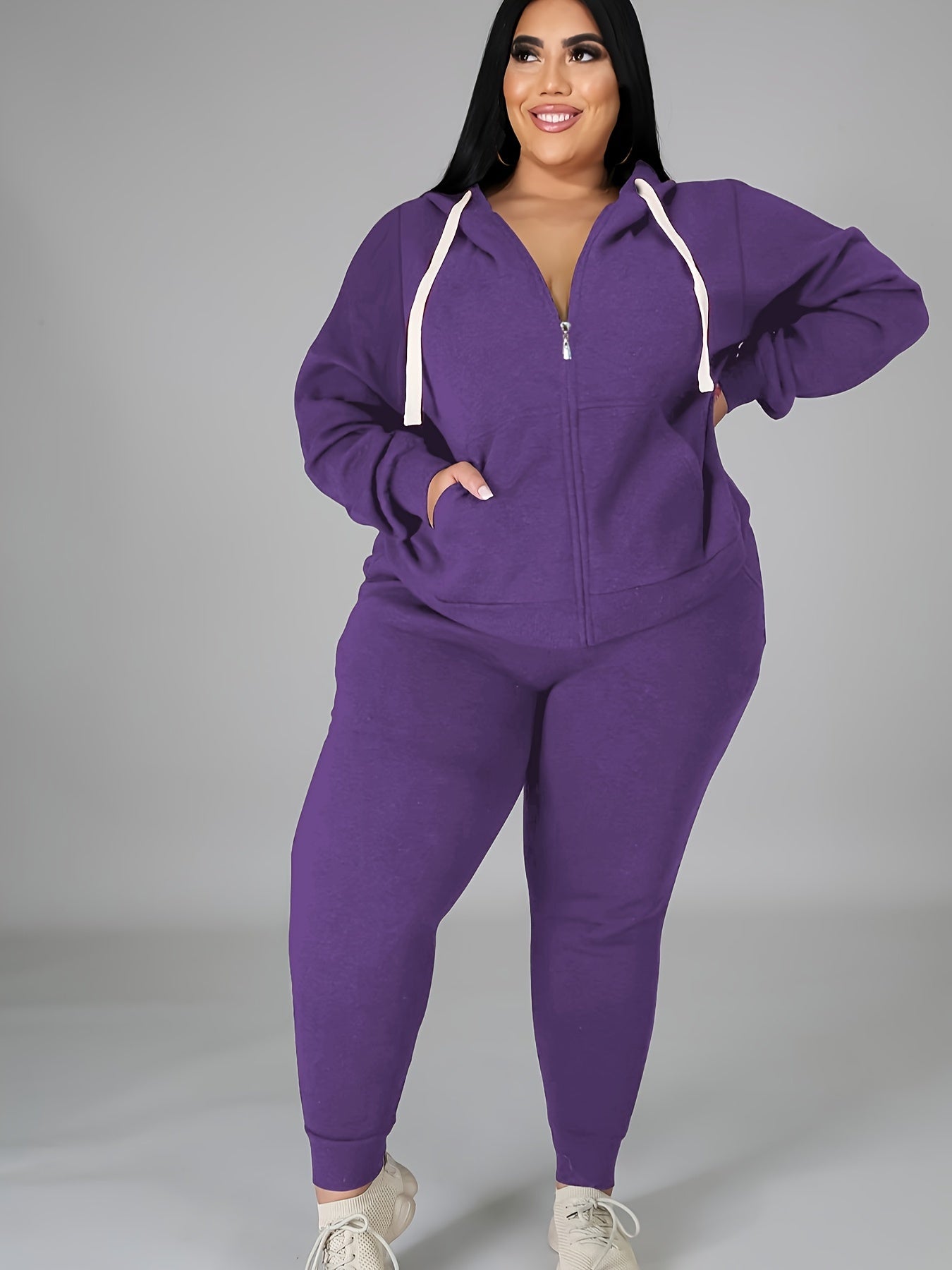 Women's Plus Size Tracksuit Set - Long Sleeve Hooded Loungewear and Sweatsuit Sets with Pockets, Polyester and Elastane