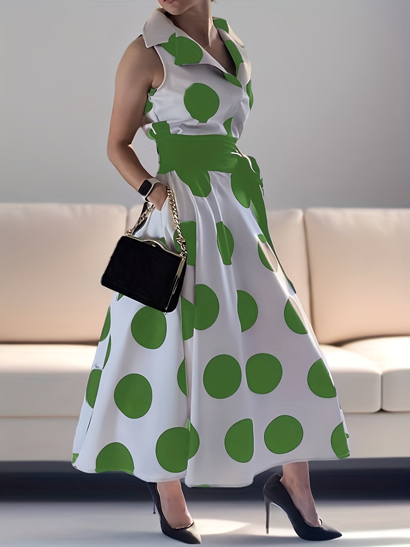 Plus Size - Plus Size - Lemongor Plus Size Party Evening Birthday Prom Polka Dots Maxi Dresses for Women 2025 New Sleeveless Tied Waist Fashion Long A-Line Shirt Dress, 3XL, 4XL, 5XL
