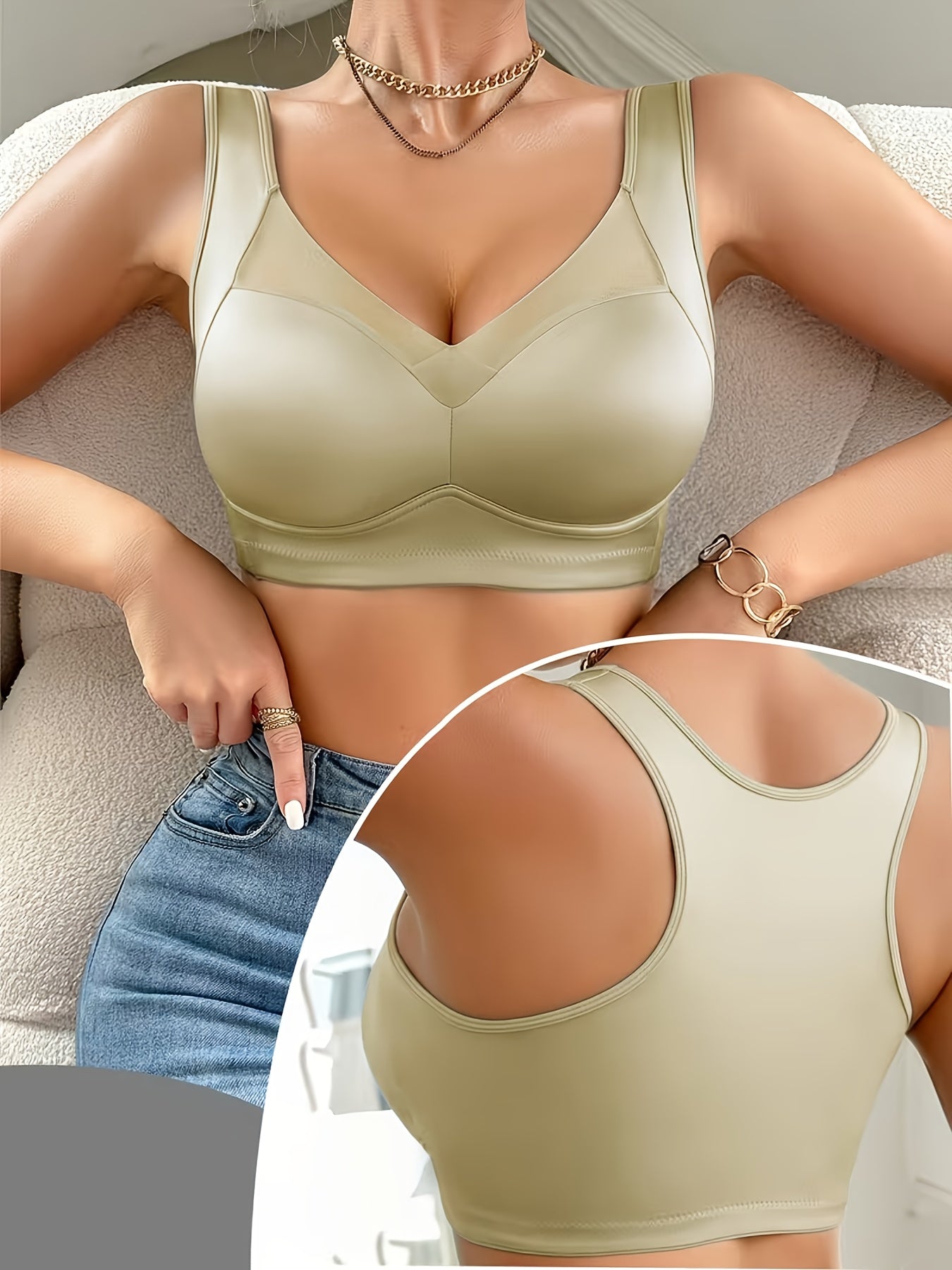1pc High-quality Satin Fabric Women'S Bra | Wireless, Front Buckle Design, Strong Support, Comfortable Gather, Suitable for Daily and Formal Wear, Non-removable Padding