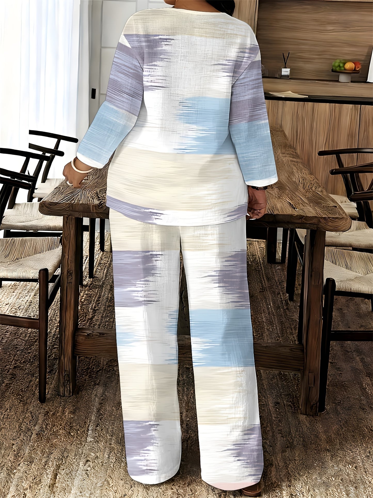 2026 New Women's Standard Size Long Sleeved Pants 2pcs Set, Set, Spring And Summer New V-Neck Long Sleeved Shirt Printed Elastic Waistband Pants 2pcs Set, Digital Printing Machine Washable Fabric, Elegant And Comfortable