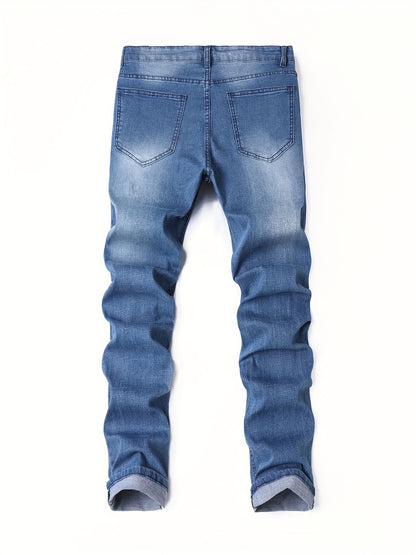 Slim-Fit Distressed Jeans for Men - Stretch Denim Streetwear Trousers Featuring Ripped Accents, Comfortable Mid-Stretch Fabric, And a Hand-Washable Design Ideal for Casual Spring Outfits, Stylish Pant Option with Durable Material