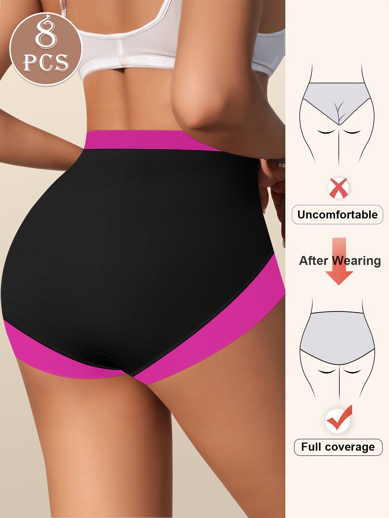 8pcs Women's Boyshorts High Waist Briefs, Boxer Briefs, Soft, Comfortable, Contrast Color, Light Tummy Control