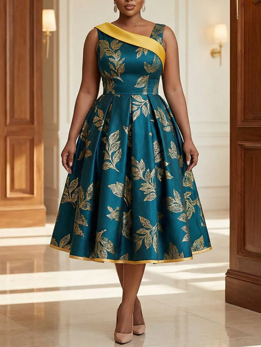 Plus Size, Plus Size Women's Spring-Summer Color-Block Waist-Fitted Dress | Leaf-Patterned Design Showcasing Exquisite Charm, Ideal for Light Dinner Occasions, Social Events & Exquisite Dates with Fashionable Looks