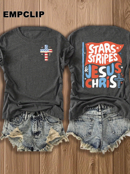 Double-sided Printing Women's T-shirts Women's Blend T-shirts-Stars, Stripes & Jesus Christ T-Shirt - Patriotic Faith Design for Women | Casual Summer Wear | Christian Apparel | Trendy Graphic Tee