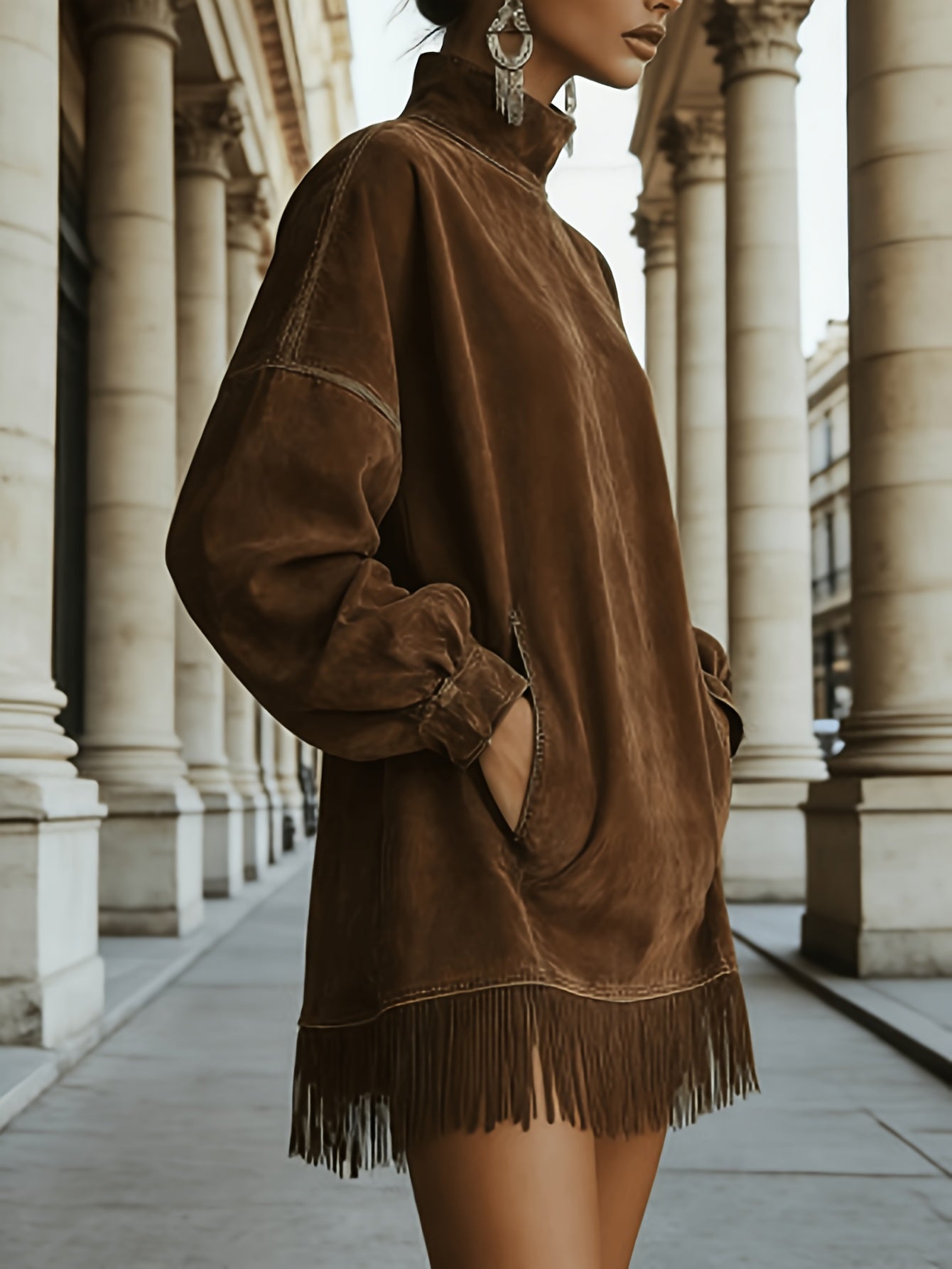 [Lightweight Fringed Skirt] Summer Women's Lightweight Breathable Fringed Mini Skirt, Retro High-Neck Dress, Loose-Padded Long-Sleeved Fringed Skirt