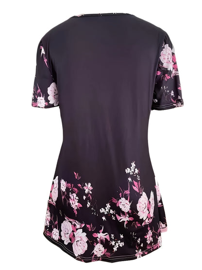 New Summer Short-sleeved Printed Fake 2pcs T-shirt V-neck Fashion Stud Top