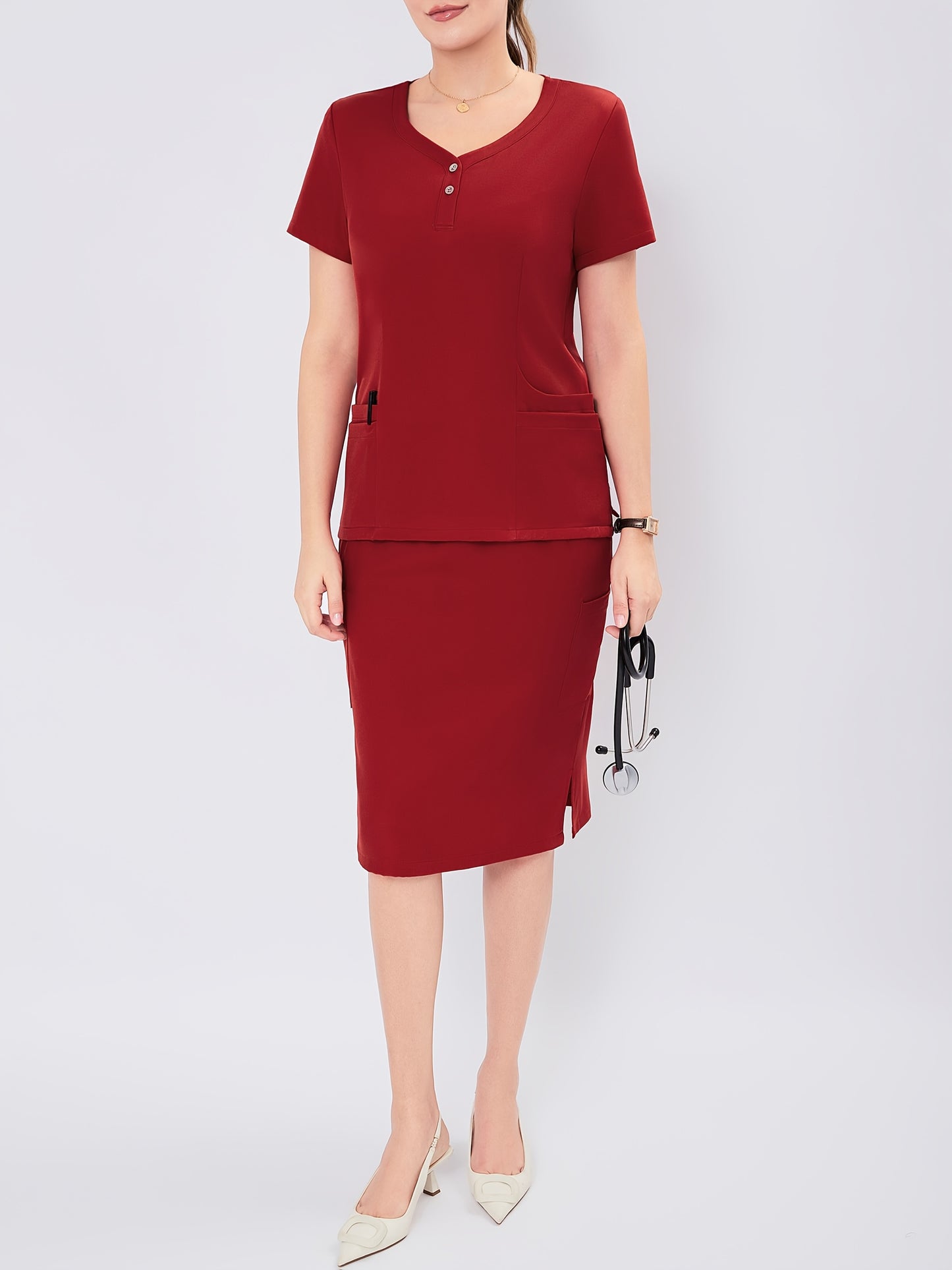 Women's V-Neck Button-Up Scrub Set, Fashionable Short Sleeve Beauty Salon Medical Hand Wash Uniform, Polyester Blend, Casual Style, Regular Fit, Solid Color, Straight Sleeve, Knee-Length Skirt with Pockets, Pullover Top