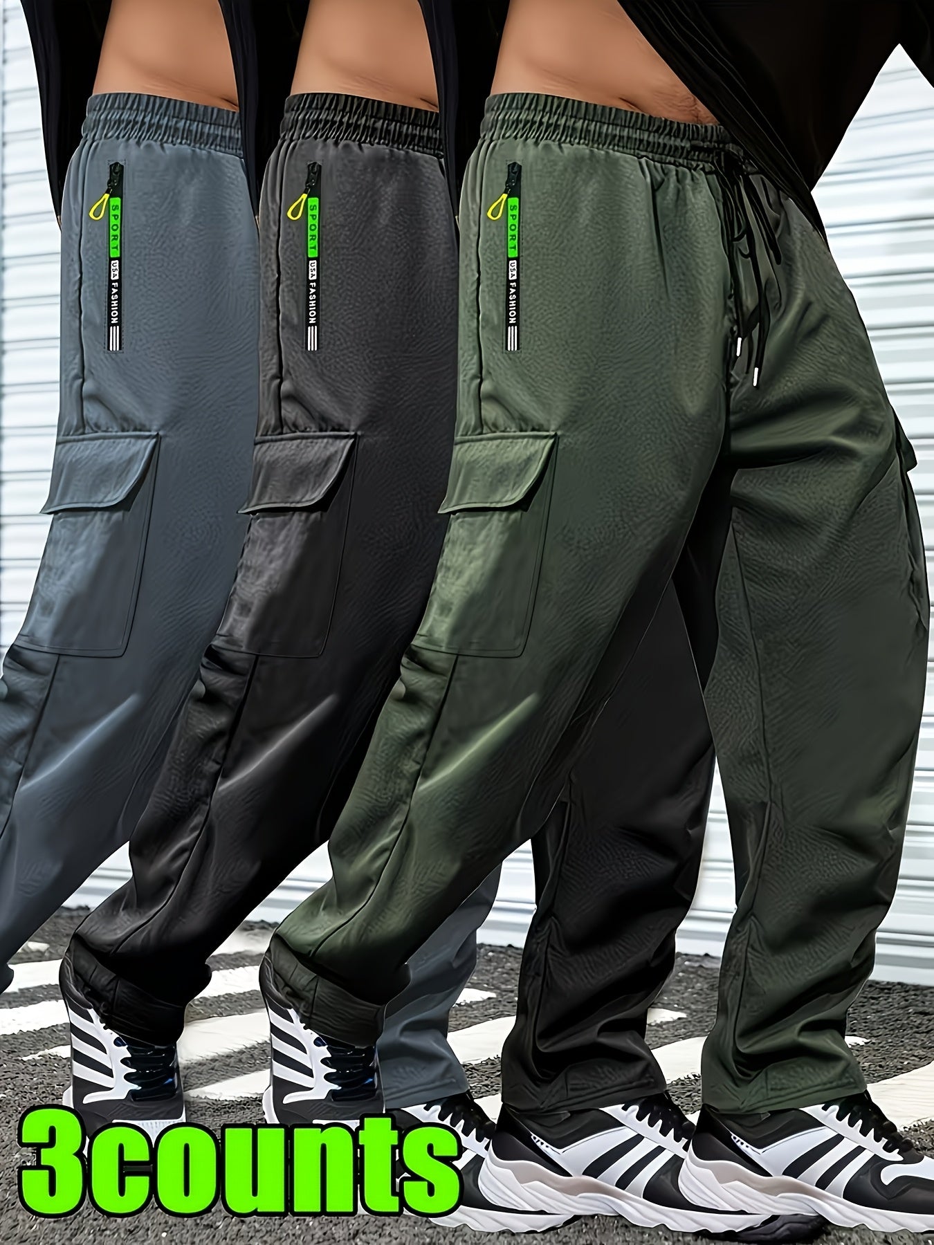 3pcs Men'S Slim Work Pants, With Drawstring Elastic Waist, Zipper Pocket And Large Patch Pocket. Comfortable And Breathable, Suitable For Outdoor And Daily Casual Wear.