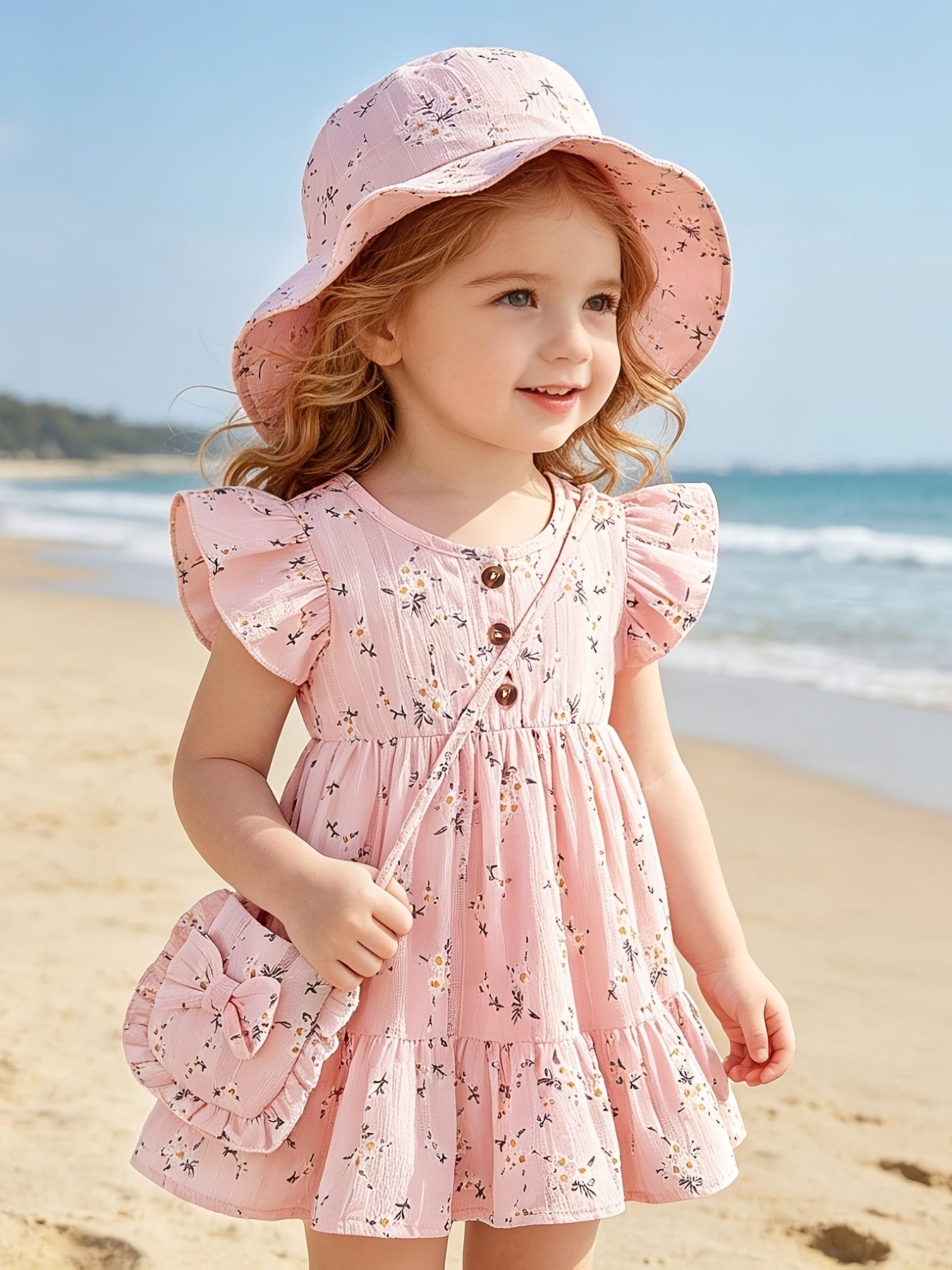 3pcs Casual Baby Girl Blue Dress Set, Small Floral Print and Ruffled Hem Design, with Cute Bag Bow Decoration and Sun Hat, Spring/Summer Princess Drdoor Wedding Occasion, Sister and Little Sister Dresses, Gift
