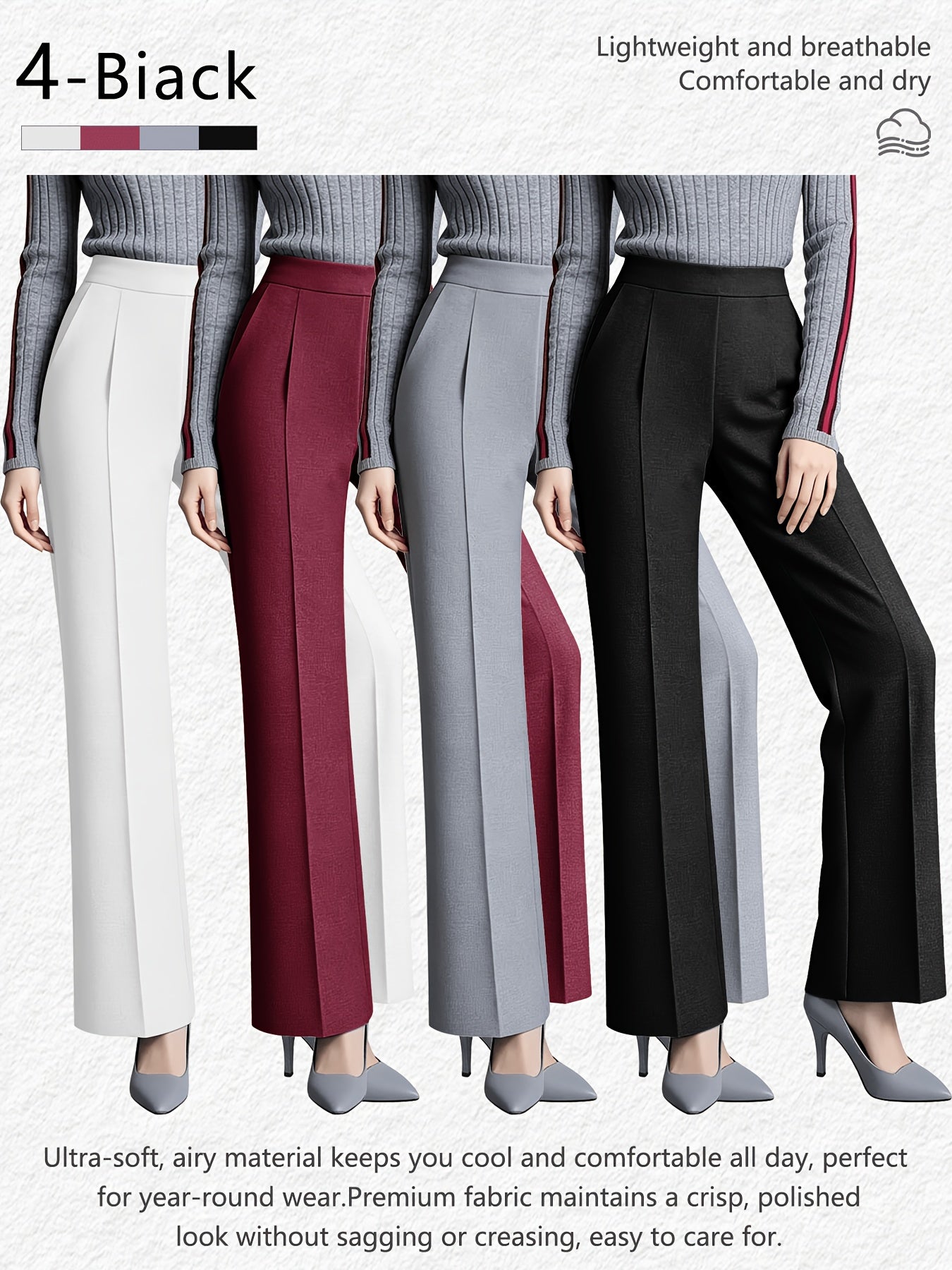 4 Pack, Dress Pants for Women Women'S High Waisted Wide Leg Business Casual Trousers with Pockets, Stretchy Comfortable Work Pants for Office, Commute, Daily Wear, Skin-Friendly Seamless Ladies Straight Leg Pa 4-Way Stretch Women'S Suit Pants