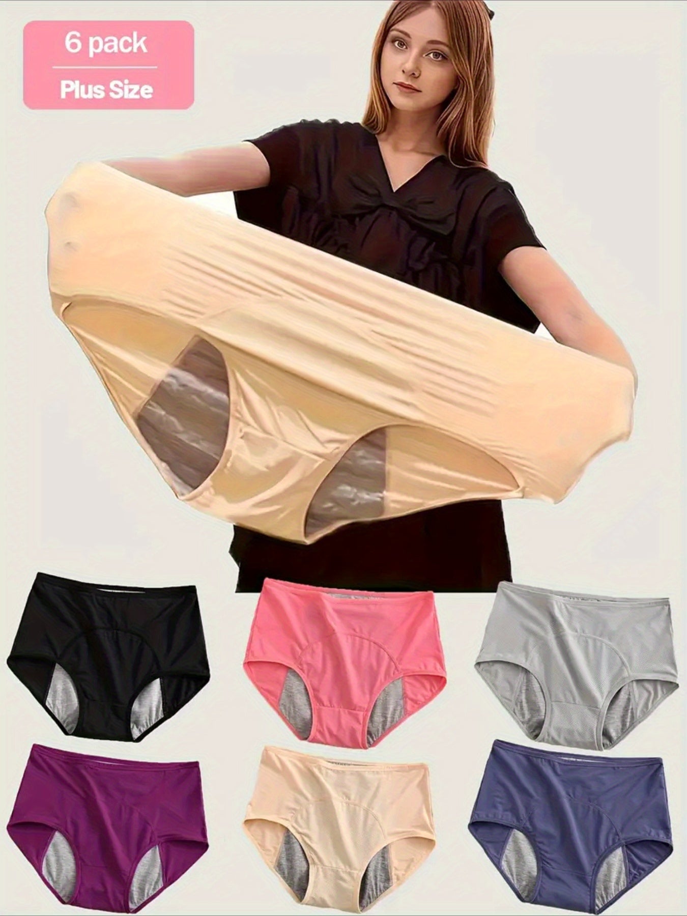 6pcs Plus Size Women'S Leakproof Period Panties - High Waist, Tummy Control, Stretchy Nylon Blend, Solid Color