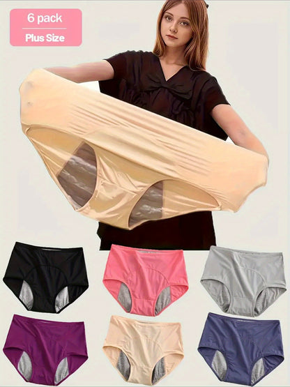 6pcs Plus Size Women'S Leakproof Period Panties - High Waist, Tummy Control, Stretchy Nylon Blend, Solid Color