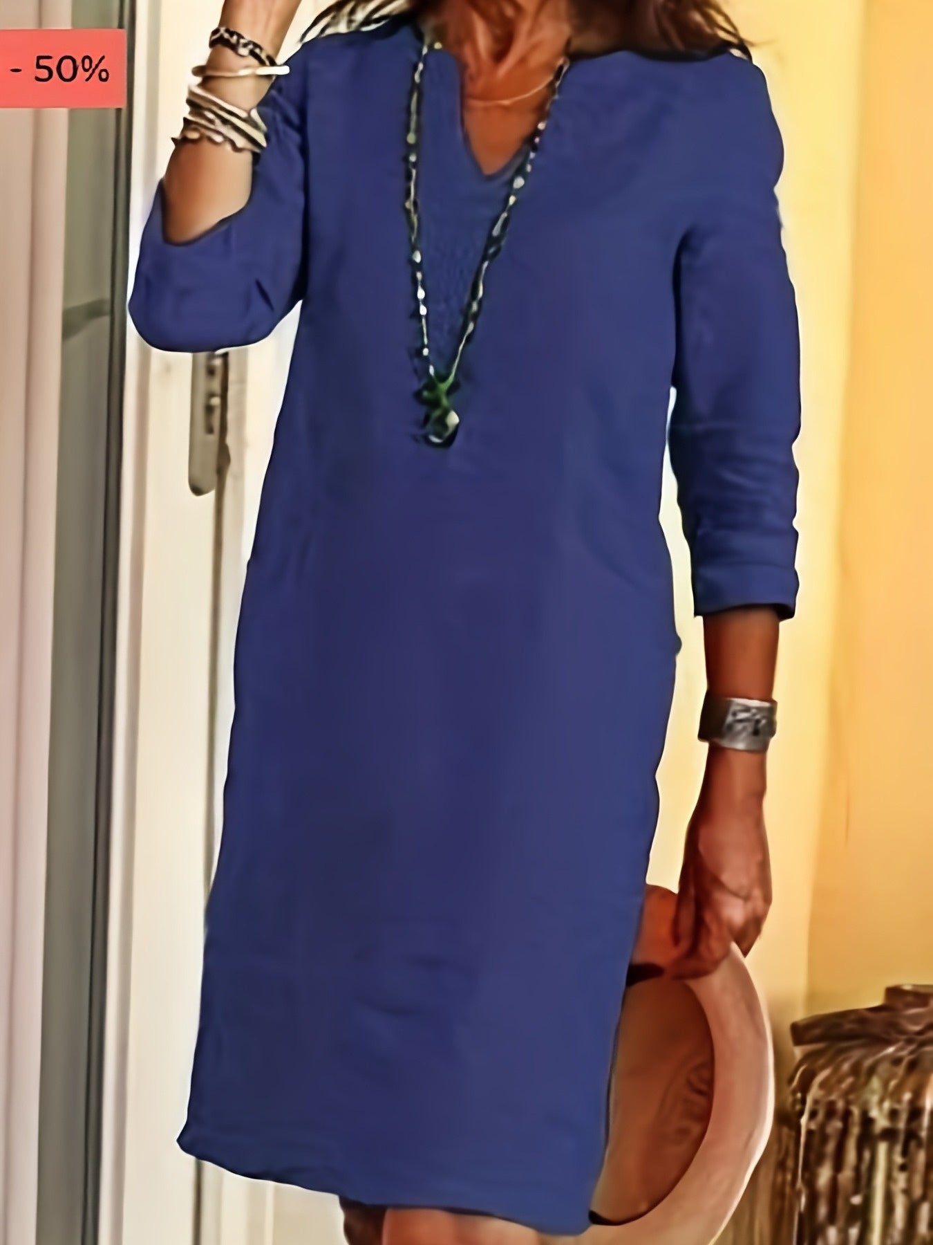 [Stylish Linen Dress] Autumn Linen Dress With A Small V-Neck, Featuring A Stylish And Elegant Look. It Has A Retro, Simple And Solid Color Design, And Comes With Three-Quarter Sleeves