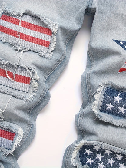 Men's Stretch Denim Jeans with Rips, Vintage Patches, And Casual Style, Suitable for All Seasons And Versatile for Outings And Fashion.