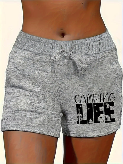 Women's Camping Life Pattern Printed Drawstring Shorts- Lightweight Elastic Polyester Blend Casual Shorts Suitable for Outdoor Adventures and Casual Wear, All-Season Machine Washable
