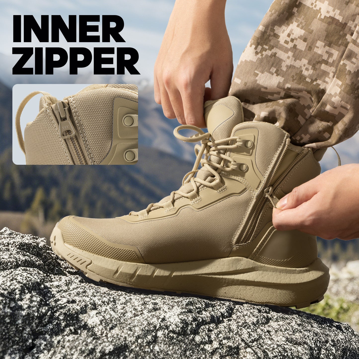 Men's Tactical Hiking Boot Lightweight Cushion Sole Boots for Work All Day Side Zipper Motorcycle Combat Boot 8 Inches