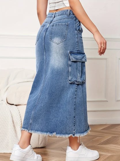 Women's Mid-Rise Stretch Denim Skirt with Baggy Hem & Frayed Edge Detail - Casual Workwear Style Mid-Length Skirt for Spring Summer Fall, Machine Washable, Jean Skirt