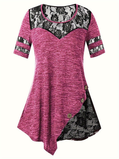 Plus Size - Plus Size - Women'S Plus Size Lace Trim Blouse Tops, Flattering V-Neck Tunic Shirt, Casual Dressy Elegant Tops, Flowy Tunic Top with Lace Sleeves, Comfort Stretch Blouse for Women, Loose Fit Shirt, Sizes XL-5X
