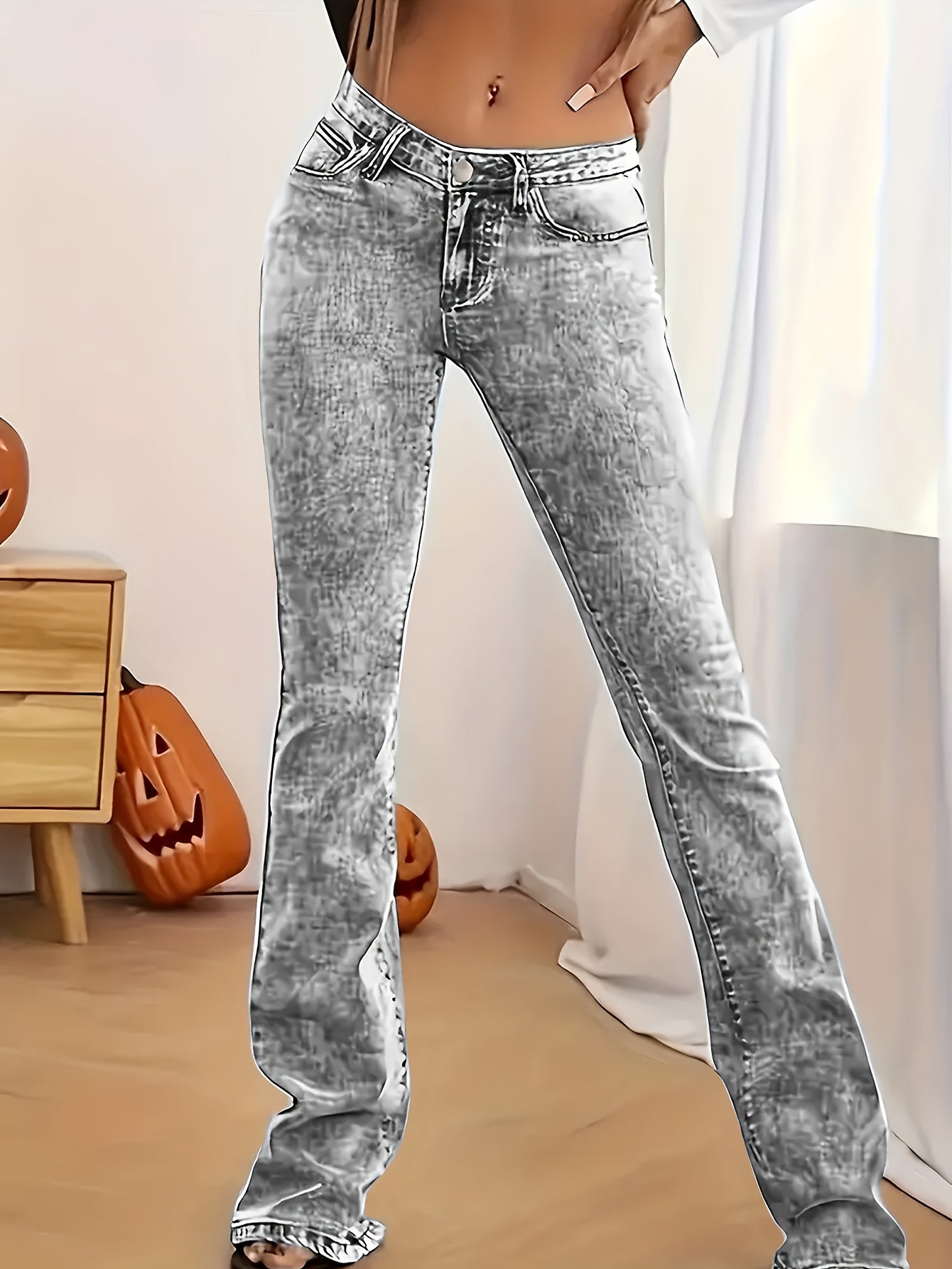 2026 NEW [Long Length Skinny Flare Jeans] Women'S Casual Skinny Flare Jeans, Long Length, Low Waist, Button Fly, Medium Stretch, All Seasons, Solid Color