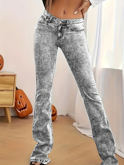 2026 NEW [Long Length Skinny Flare Jeans] Women'S Casual Skinny Flare Jeans, Long Length, Low Waist, Button Fly, Medium Stretch, All Seasons, Solid Color