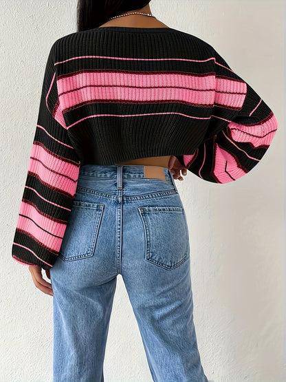 Women'S Long-Sleeved Striped Sweater, Perfect for Spring And Fall, Featuring a Sweet And Spicy Design, Ideal for a Casual Look