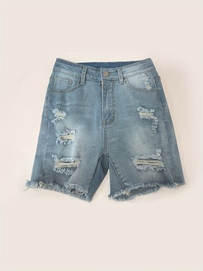 Women'S Fashion Forward Ripped Denim Shorts-Classical Washed Blue, Unprocessed Edge, Super Comfortable Style-Fashion Casual Jeans and Summer Clothing