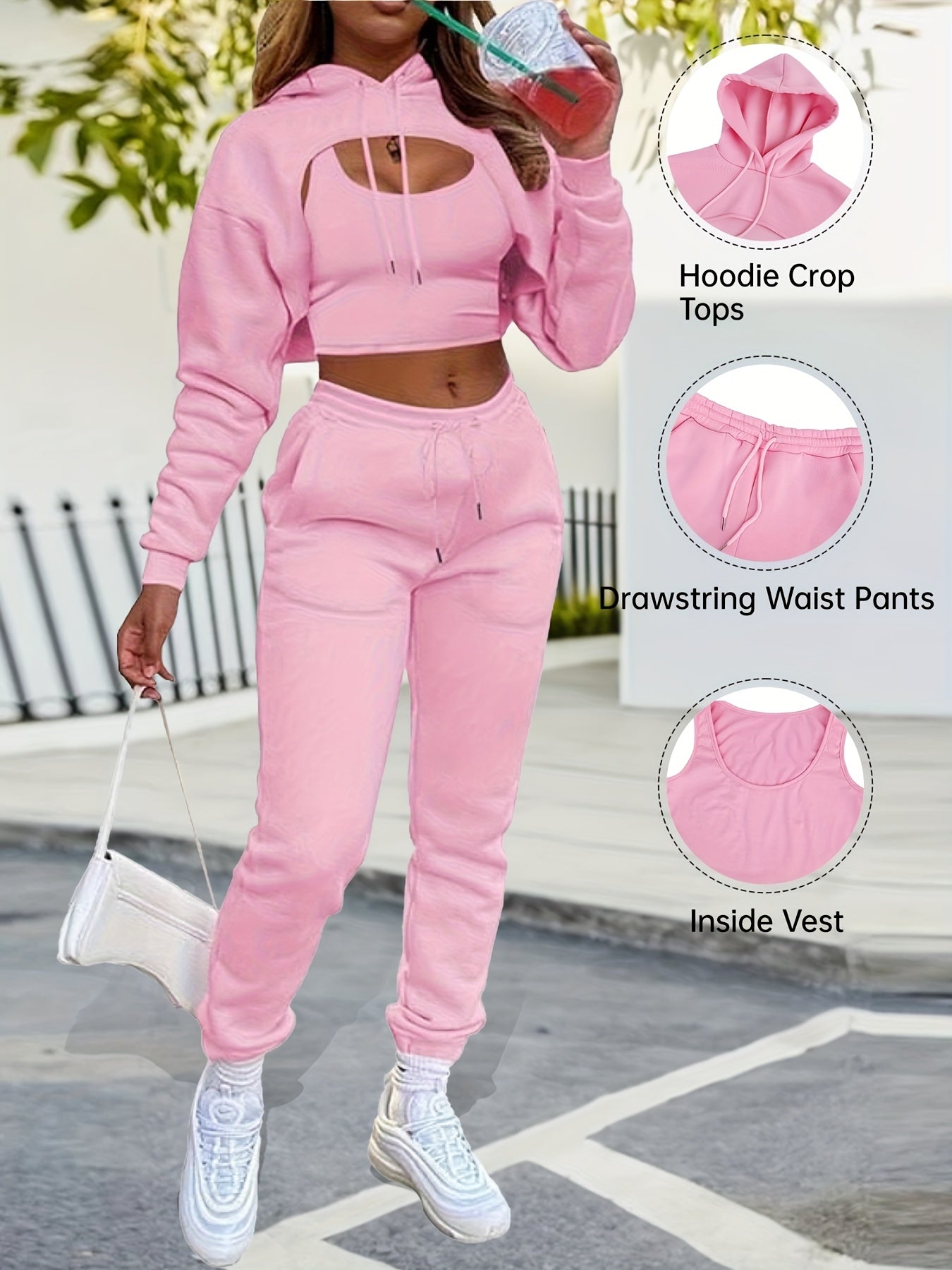 Women'S 3pcs Sweatsuits Sets Sexy Super Cropped Hoodie Tank Top And High Waisted Jogger Sweatpants Matching Loungewear Athleisure Outfits