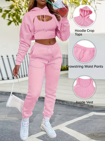 Women'S 3pcs Sweatsuits Sets Sexy Super Cropped Hoodie Tank Top And High Waisted Jogger Sweatpants Matching Loungewear Athleisure Outfits