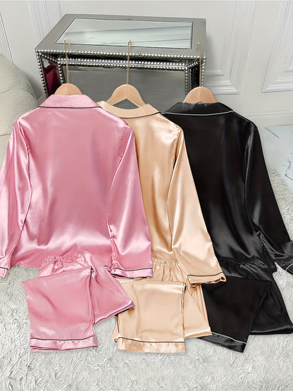 3pcs Women'S Satin Pajama Set - Casual Solid Color Long Sleeve Shirt & Elastic Waist Pants, Lapel Collar, Button Detail, Fall/Winter Sleepwear