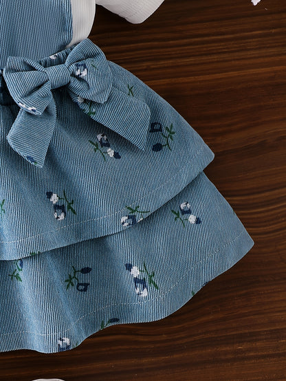 3pcs Baby Girls Set Flutter Sleeve Short Sleeve Tee 3D Bow Floral Print Suspender Skirt Summer Outdoor Play, Perfect for Outdoor