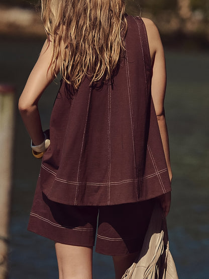 Womens 2pcs Outfits Sleeveless Matching Sets A Line Tank Tops Contrast Stitching High Waist Shorts with Pockets