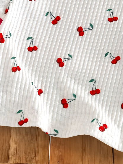 6pcs Set Of Girls' Summer New Cherry Fruit Pattern Short-sleeve And Shorts Comfortable Outfit, Perfect for Outdoor