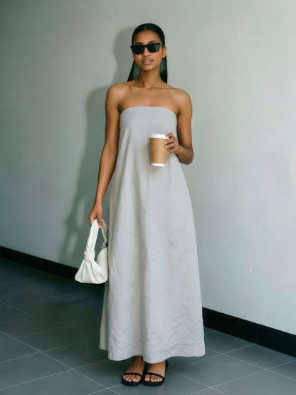[Linen Beach Dress] Womens Linen Beach Dress Backless Sleeveless Wrap High Waist A Line Casual Summer Vacation Flowy Sundress Three Colors Light Grey Linen Beige Ivory White