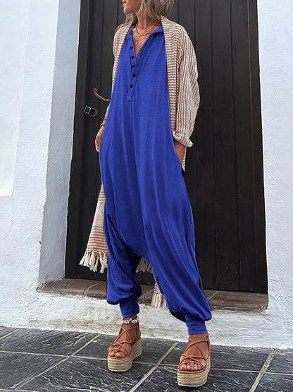 2024 New Women's Solid Color V-neck Button Up Hooded Side Pocket Jumpsuit, Long Sleeved Loose Fitting Jumpsuit