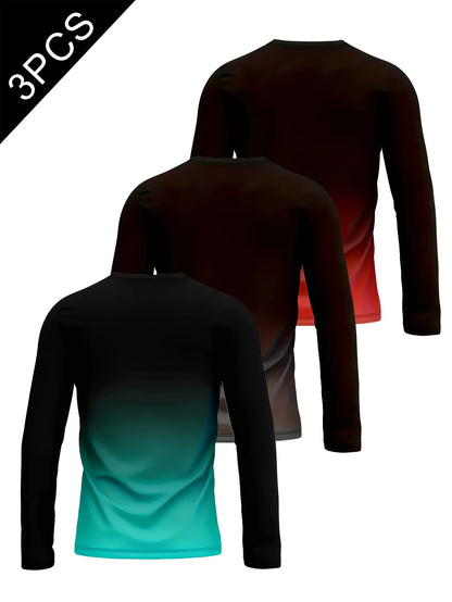 3pcs Men's Gradient King Print Long Sleeve T-Shirts - Soft Smooth Fabric Round Neck with King, Layering Basic Shirts Suitable for All Seasons, Machine Washable Daily Wear (No)