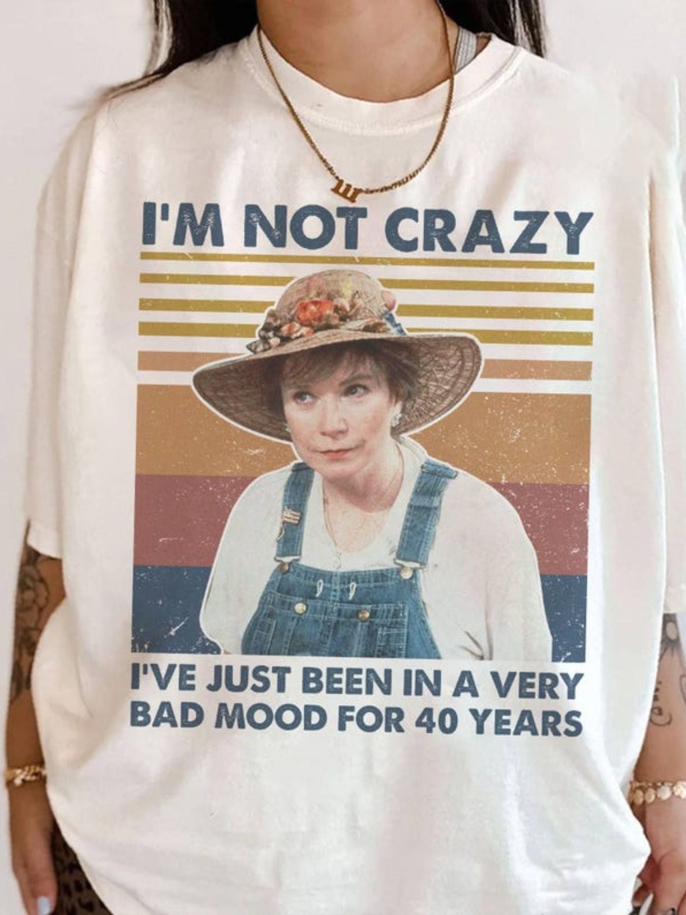 "I'm Not Crazy" Vintage T-Shirt - Retro Loose Fit Short Sleeve Top with Blue Lettering & Striped Background, Casual Round Neck Tee for Daily Wear, Machine Washable Gift