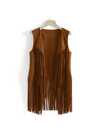 Women' Faux Suede Fringe Vest with Tassels - Western Cowgirl Jacket, Soft Flip-Collar Sleeveless Waistcoat Coat for All-Season Wear, Casual Outfits & Themed Events (Medieval Renaissance Fair) - Solid Color Plain Matching Outerwear