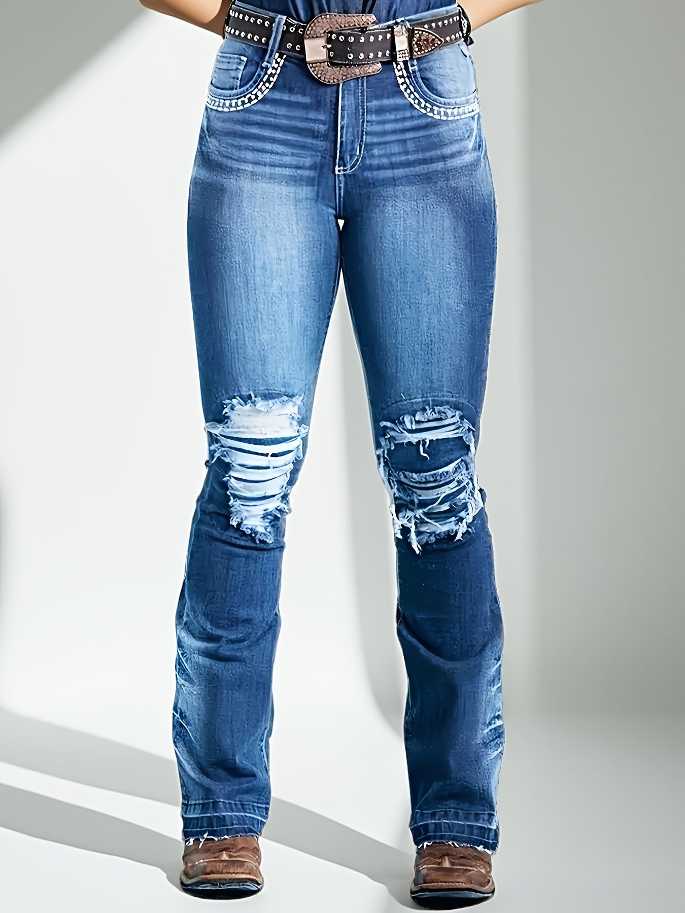 Washed Blue Women'S Mid-Rise Slim Stretch Ripped Jeans