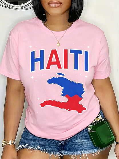 Haiti Map Print Women's TShirt Perfect for Dates, Home Office, Cafes, Mother's Day, Easter, and Any Holiday Celebrations, Ideal Summer Casual Wear