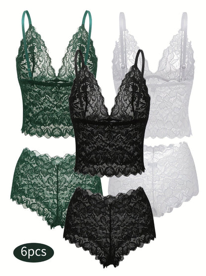 6-Pack Women's Bra and Panty Lingerie Set - Floral Lace Coordinated Style