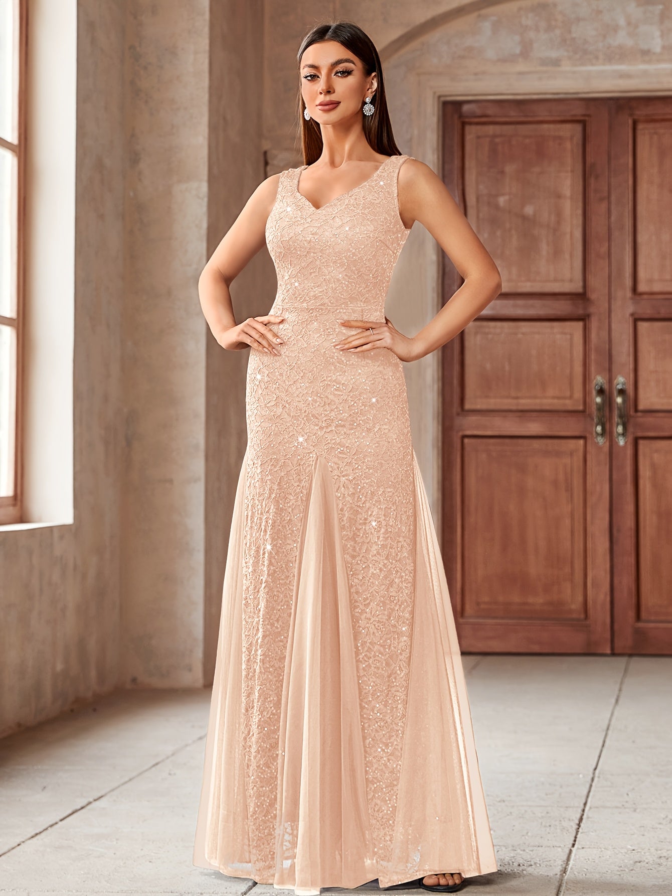 23218 Elegant Women's Sequin Lace Long Evening Bridesmaid Dress, Sweetheart Neckline Sleeveless Design with Slit Tulle Mermaid Hem, Perfect for Formal Wedding Party