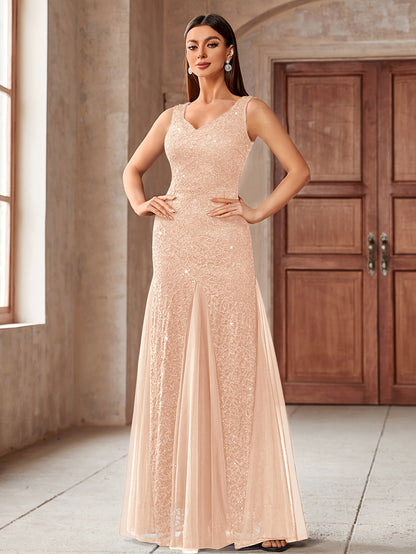 23218 Elegant Women's Sequin Lace Long Evening Bridesmaid Dress, Sweetheart Neckline Sleeveless Design with Slit Tulle Mermaid Hem, Perfect for Formal Wedding Party