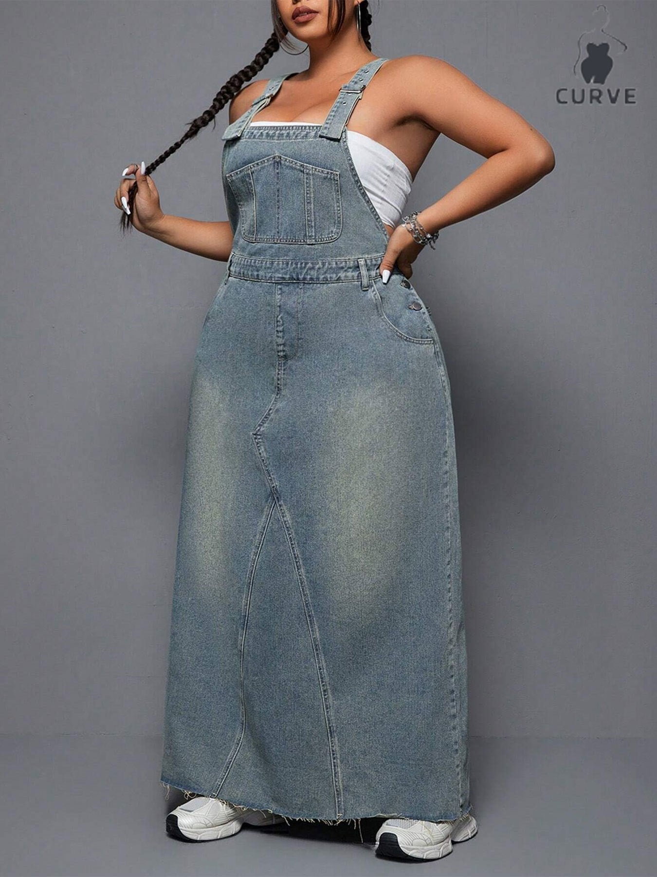 Women's Plus - Size Denim Overall Dress, High - Waisted, Washed & Distressed, Raw Hem, Adjustable Straps, Casual Long Jean Dress