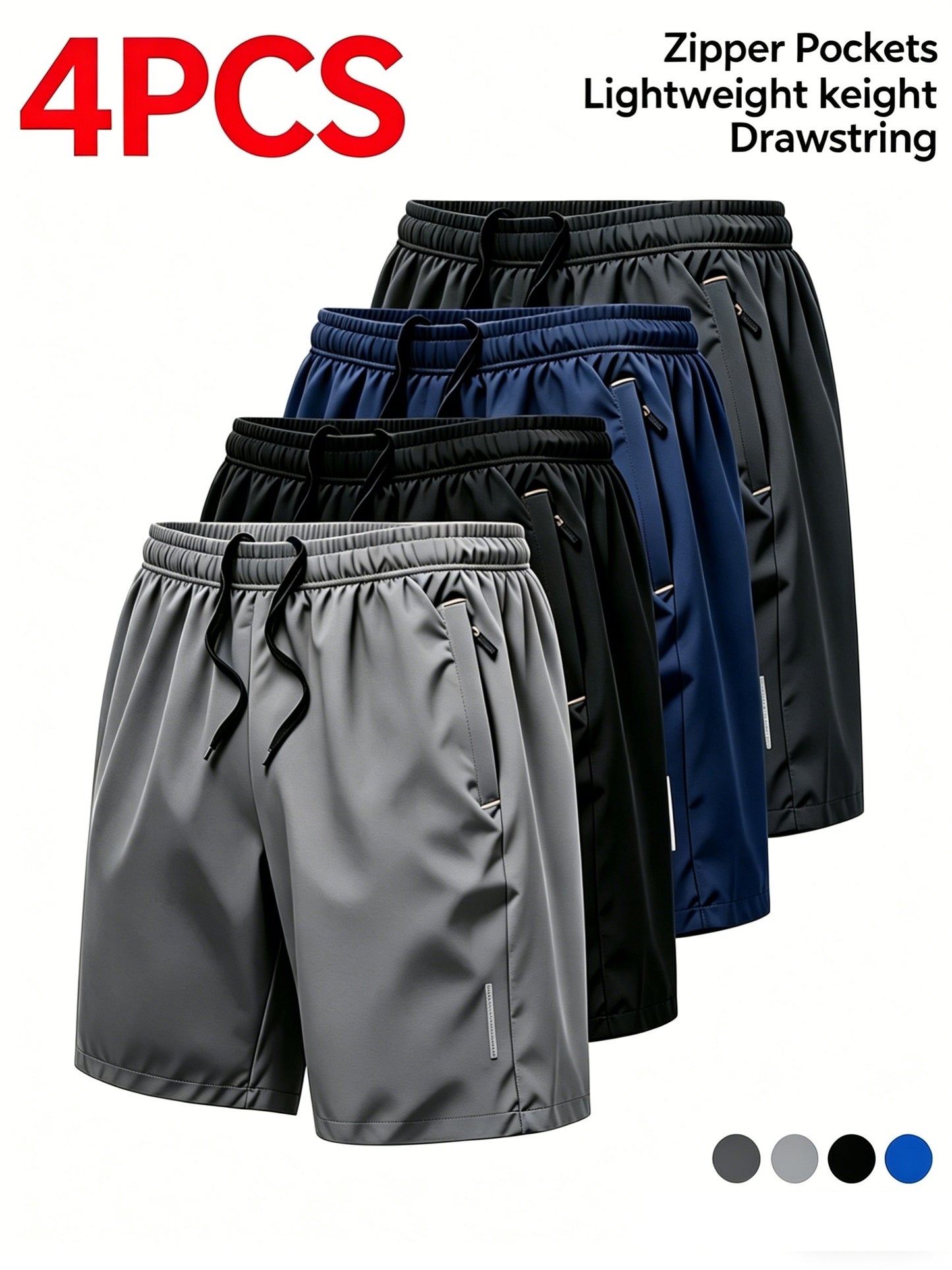 4pcs Men's Summer Sports Shorts, Made of Quick-drying, Lightweight and Breathable Fabric, with Reinforced Zipper Pockets and Drawstrings at the Waist. They Are Light, Comfortable, Casual and Loose, Suitable for Running, Fitness, Cycling, Basketbal