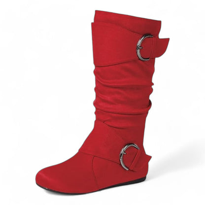 Women's Closed Round Toe Buckle Slouch Flat Heel Mid-Calf Boot