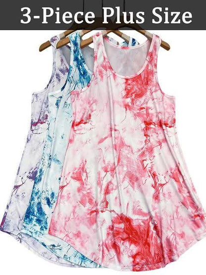 3pcs Plus Size Women's Tank Dress Set: Tie Dye Print, Sleeveless, Soft Lightweight Stretch Poly Jersey, Round Neck Casual Wear (All Seasons)