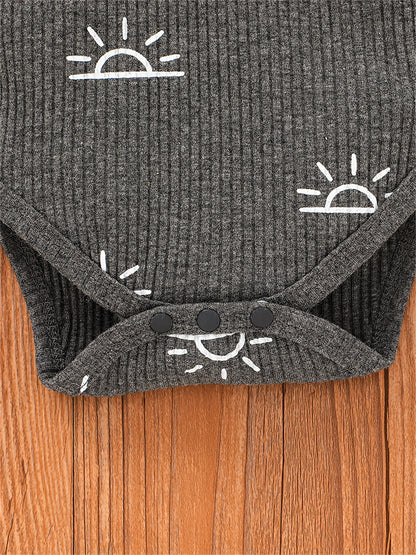Kukitty Baby Boys Clothes Newborn Ribbed Long Sleeve Romper with Sun Pattern Pants Hat Outfits Set, for Outdoor