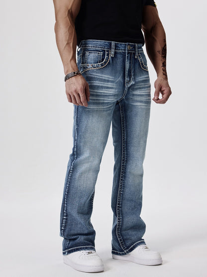 ESDVQ Men's Slim-Fit Classic Washed Denim Bell-Bottom Jeans - Mid-Stretch Machine-Washable Flared Pants with Suitable for All-Season Wear, Comfortable Stretchable Bell-Bottoms for Casual & Dressy Outfits