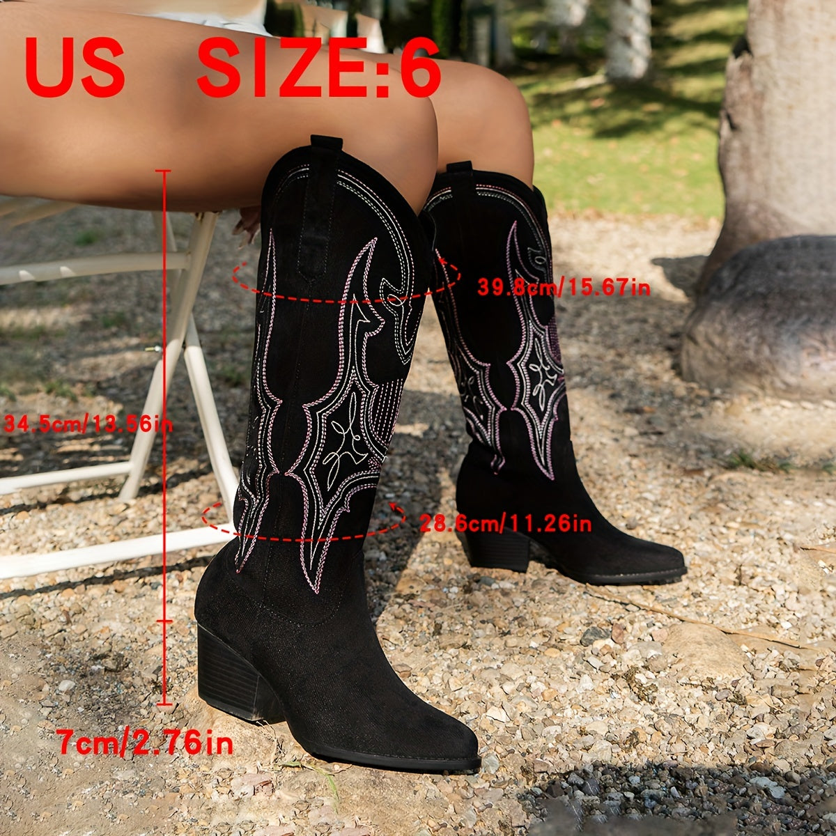 Women's Retro Western Embroidered Cowboy Boots - Slip-On Chunky High Heel, Pointed Toe & Geometric Stitching, Breathable Fabric Upper & TPR Sole for Casual All-Season Wear, Everyday Footwear, Vintage Style, Stylish Embroidery, Trend Followers