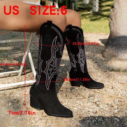 Women's Retro Western Embroidered Cowboy Boots - Slip-On Chunky High Heel, Pointed Toe & Geometric Stitching, Breathable Fabric Upper & TPR Sole for Casual All-Season Wear, Everyday Footwear, Vintage Style, Stylish Embroidery, Trend Followers